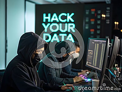A male hacker created from ai is trying to hack your data from your computer Stock Photo