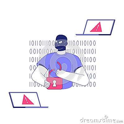 Hacker Holding Open Padlock With Binary Code Background In Flat Vector Illustration Symbolizing Cyber Attack And Data Vector Illustration