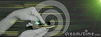 Male hacker`s hand with a mobile phone, trying to find the access code. A person using the dark web with a smartphone. Mobile Stock Photo