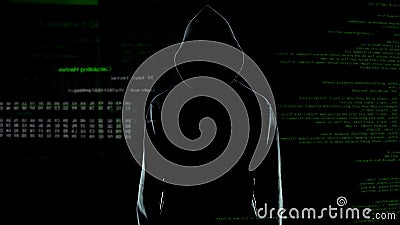 Male hacker silhouette in hoodie standing in front of animated computer code Stock Photo