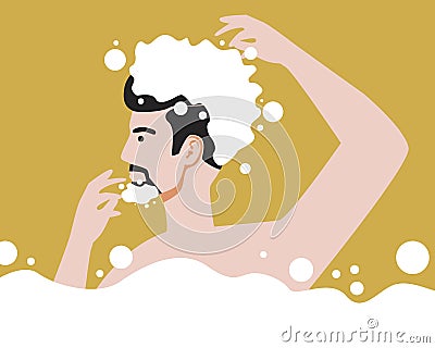 Man washing hair with shampoo, Flat vector stock illustration with beard wash and male hygiene, body cleaning Cartoon Illustration