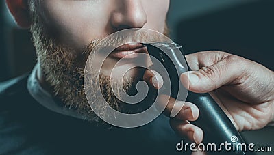 A male hairdresser does a haircut of a beard and a mustache Stock Photo