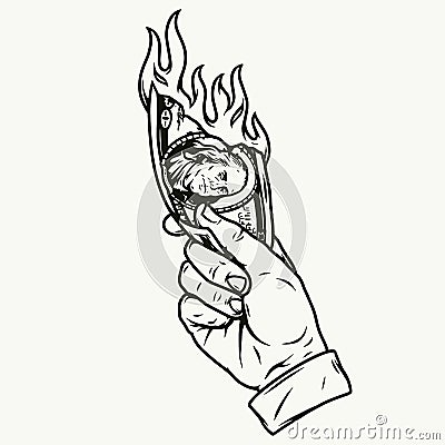 Male hand with burning dollar bill Vector Illustration