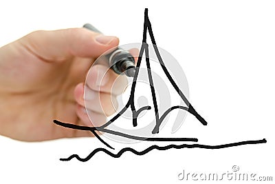 Male hand drawing boat on a virtual screen Stock Photo