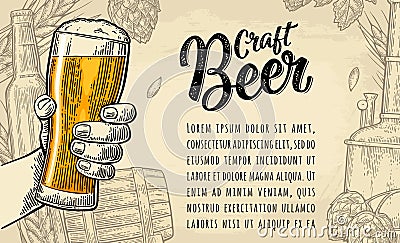 Male hand holding beer glass. Craft Beer calligraphic lettering Vector Illustration