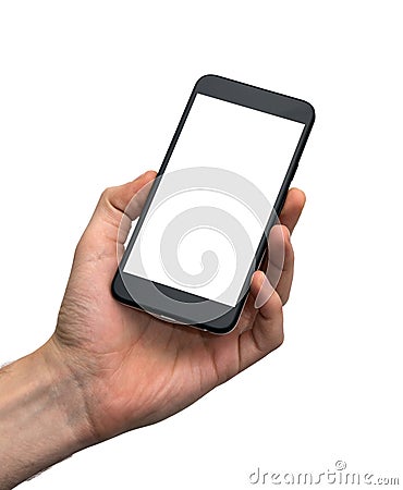 Male hand holding a black smart phone Stock Photo