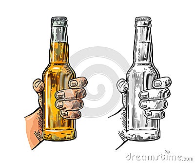 Male hand holding bottle beer. Color vintage engraving vector illustration Vector Illustration