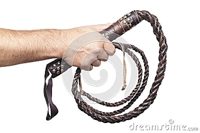 Male hand holding brown leather whip isolated on white Stock Photo