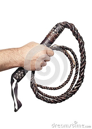 Male hand holding brown leather whip isolated on white Stock Photo