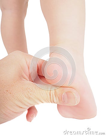 Male hand holding firmly pressing with thumb under foot Stock Photo