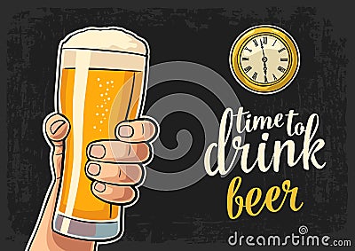 Male hand holding glass beer and antique pocket watch Vector Illustration