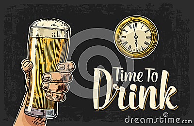 Male hand holding glass beer and antique pocket watch. Vector Illustration