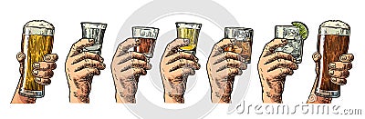 Male hand holding a glass with beer, tequila, vodka, rum, whiskey and ice cubes. Vector Illustration