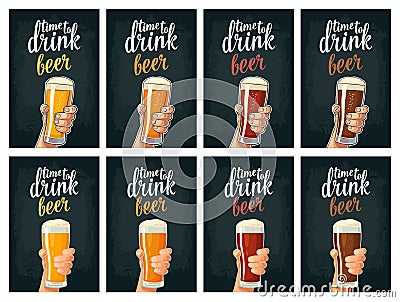 Male hand holding a glass with four types beer - light, white, red and dark. Vector Illustration