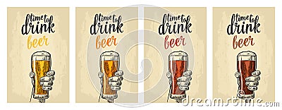 Male hand holding a glass with four types beer - light, white, red and dark. Vector Illustration