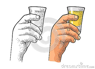 Male hand holding glass tequila. Vintage vector engraving Vector Illustration