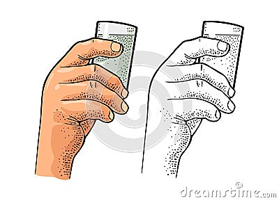 Male hand holding glass vodka. Vintage color vector engraving illustration Vector Illustration