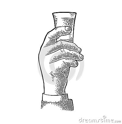 Male hand holding glass vodka. Vintage vector engraving Vector Illustration