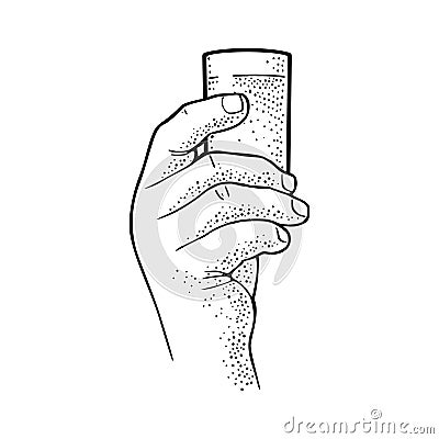 Male hand holding glass vodka. Vintage vector engraving Vector Illustration