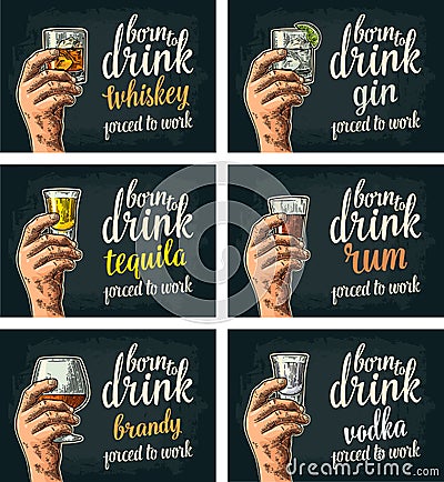 Male hand holding a glasses with beer, tequila, vodka, rum, whiskey, brandy Vector Illustration