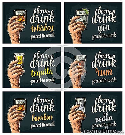 Male hand holding a glasses with beer, tequila, vodka, rum, whiskey and ice cubes. Vector Illustration