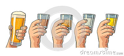 Male hand holding a glasses with beer, tequila, vodka, rum, whiskey and ice cubes. Vector Illustration