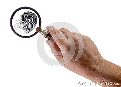 Male Hand Holding Magnifying Glass Viewing A Fingerprint on a White Background Stock Photo