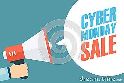 Male hand holding megaphone with Cyber Monday Sale speech bubble. Vector Illustration