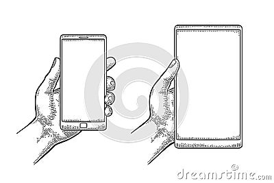 Male hand holding a modern mobile phone. Vintage drawn vector engraving Vector Illustration
