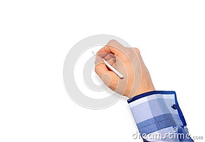 Male hand holding a pencil on a white Stock Photo