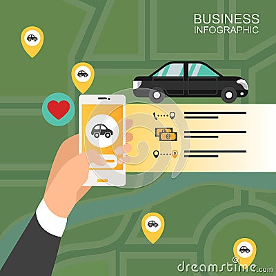 Male hand holding phone with taxi hire service application Vector Illustration