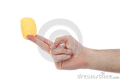 Male hand holding potato chip Stock Photo