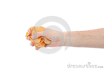 Male hand holding potato chips Stock Photo