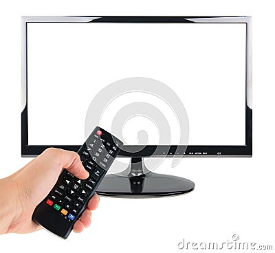 Male hand holding remote control to the TV screen isolated on white Stock Photo