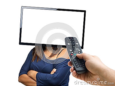 Male hand holding Remote Controller commanding mind of woman head blank screen TV isolated on white Stock Photo