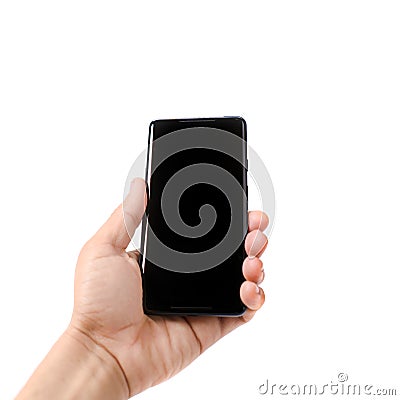 Male hand holding a smartphone with black screen isolated on white Stock Photo