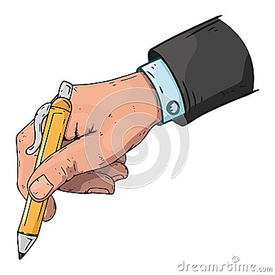 Male hand holds a pen. Vector illustration hand of a businessman holds a pen. Hand drawn male hand in a suit holds a pen Stock Photo