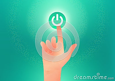 Male hand indicating power on icon using finger switching on power button on green background Vector Illustration