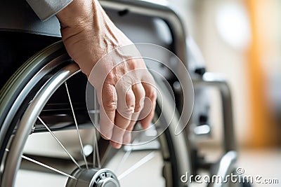 male hand navigating a wheelchair, portraying the everyday reality of physical limitations Stock Photo