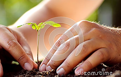 Male hand planting young tree over green background Stock Photo