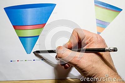 Male hand pointing at a coloured funnel chart printed on a white sheet of paper during a business meeting Stock Photo