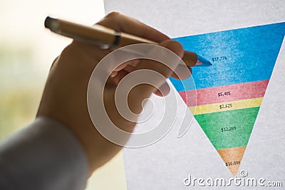 Male hand pointing at a coloured funnel chart printed on a white sheet of paper during a business meeting Stock Photo
