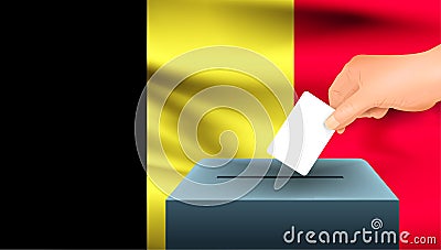 Male hand puts down a white sheet of paper with a mark as a symbol of a ballot paper against the background of the Belgium flag. Vector Illustration