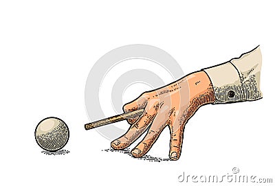 Male hand in a shirt is aimed cue the ball. Vector Illustration