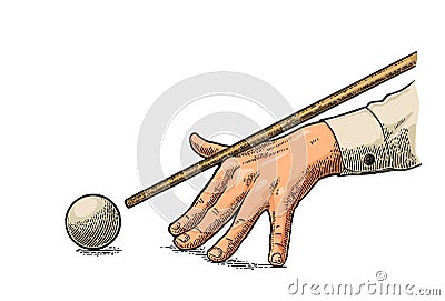 Male hand in a shirt is aimed cue the ball. Vector Illustration