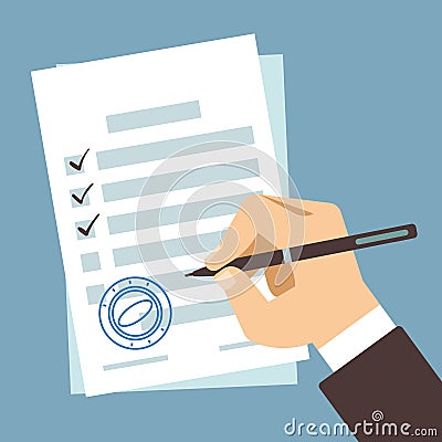 Male hand signing document, man writing on paper contract, filling tax form vector illustration Vector Illustration