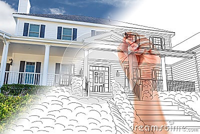 Male Hand Sketching with Pencil the Outline of a House Photo Stock Photo