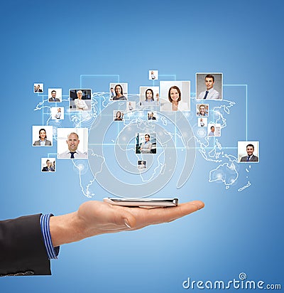 Male hand with smartphone over icons of contacts Stock Photo