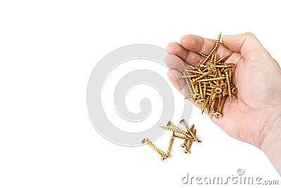 A male hand spills out yellow zinc torx screws. Stock Photo