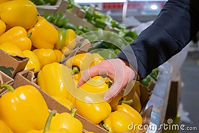 A male hand takes a yellow pepper from a box of peppers in a supermarket. Stock Photo